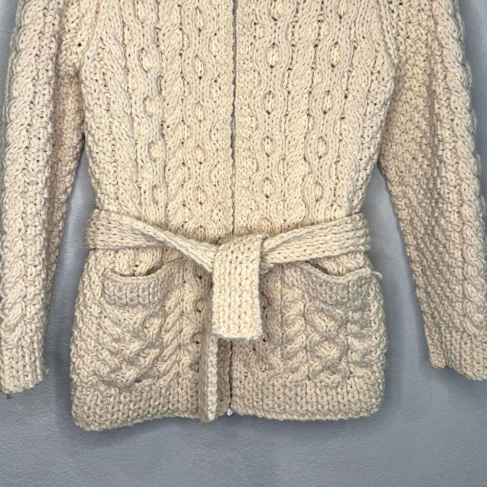Andion Vintage Hand Knit Cardigan Irish Sweater Womens Small Aran Wool Belt Zip - Picture 3 of 6